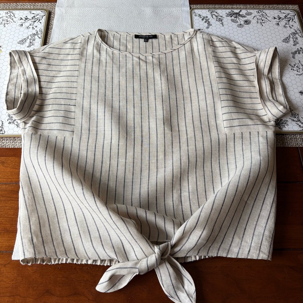 Lafayette 148 Striped Beige Linen Tie-Front Top